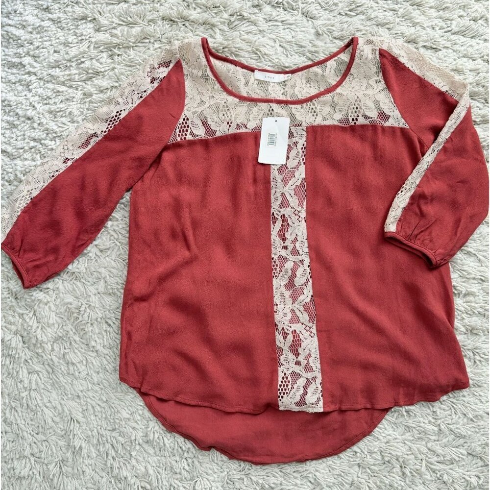 Lush Lace Sleeve Burnt Orange Top NWT S Rayon & Nylon Blend